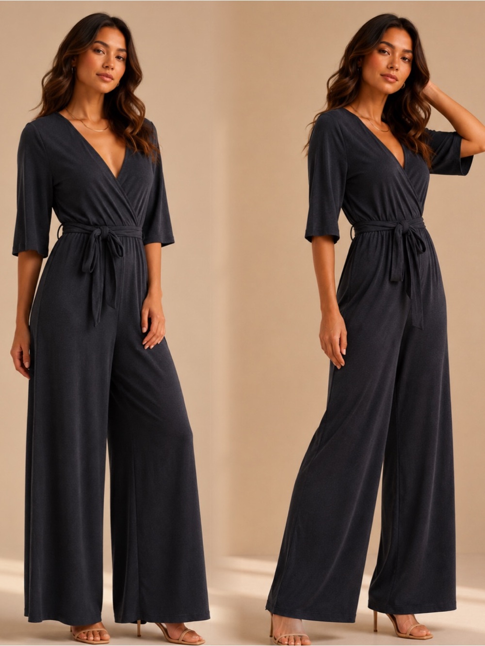 Haute Monde Black Wrap-Front Wide-Leg Jumpsuit